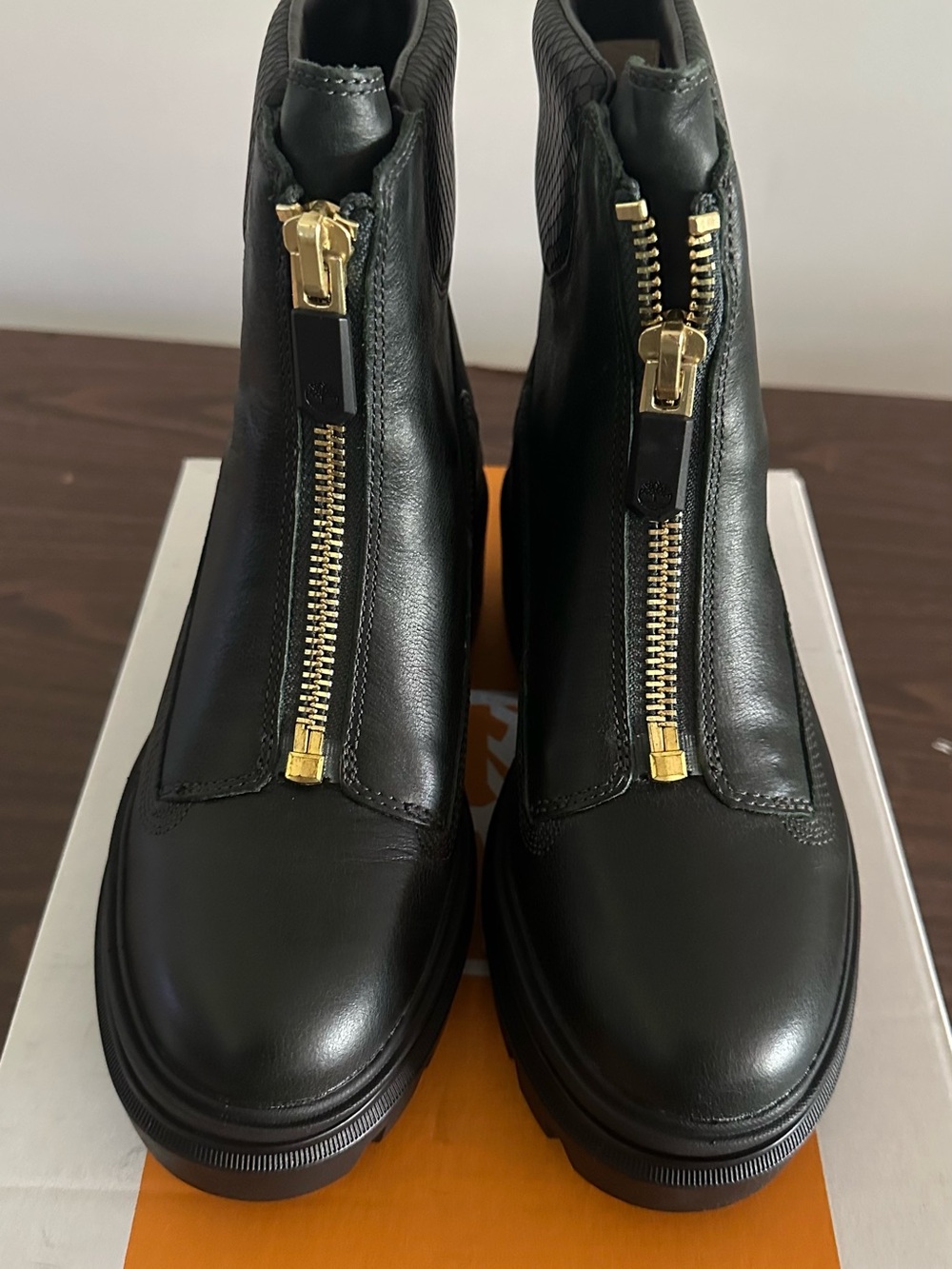 Timberland Dark Green Leather Platform Ankle Boots with Gold Zip.